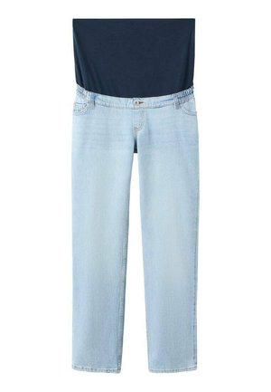 Lichtblauwe zwangerschapsjeans met een elastische zwarte tailleband, ontworpen voor comfort en ondersteuning tijdens de zwangerschap.