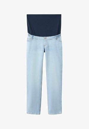 Hellblaue Umstandsjeans mit einem elastischen schwarzen Bund, der für Komfort und Unterstützung während der Schwangerschaft konzipiert ist.