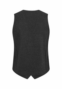 Gray houndstooth patterned sleeveless vest with a tailored back, featuring a curved hem and smooth texture. No visible fastenings.
