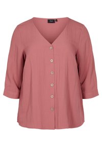 Blouse rose pâle avec un décolleté en V, des manches trois-quarts et une fermeture à boutons à l'avant comprenant six boutons. Fabriquée à partir d'un tissu léger et texturé.