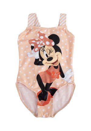 Pfirsichfarbiger Badeanzug für Kleinkinder mit weißen Punkten, auf der Vorderseite mit einer zwinkernden Minnie Mouse mit Schleife und gestreiften Schulterriemen.