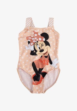 Costume da bagno per bambini in pesca a pois, con Minnie Mouse che fa l'occhiolino e un fiocco sul davanti, e spalline a righe.