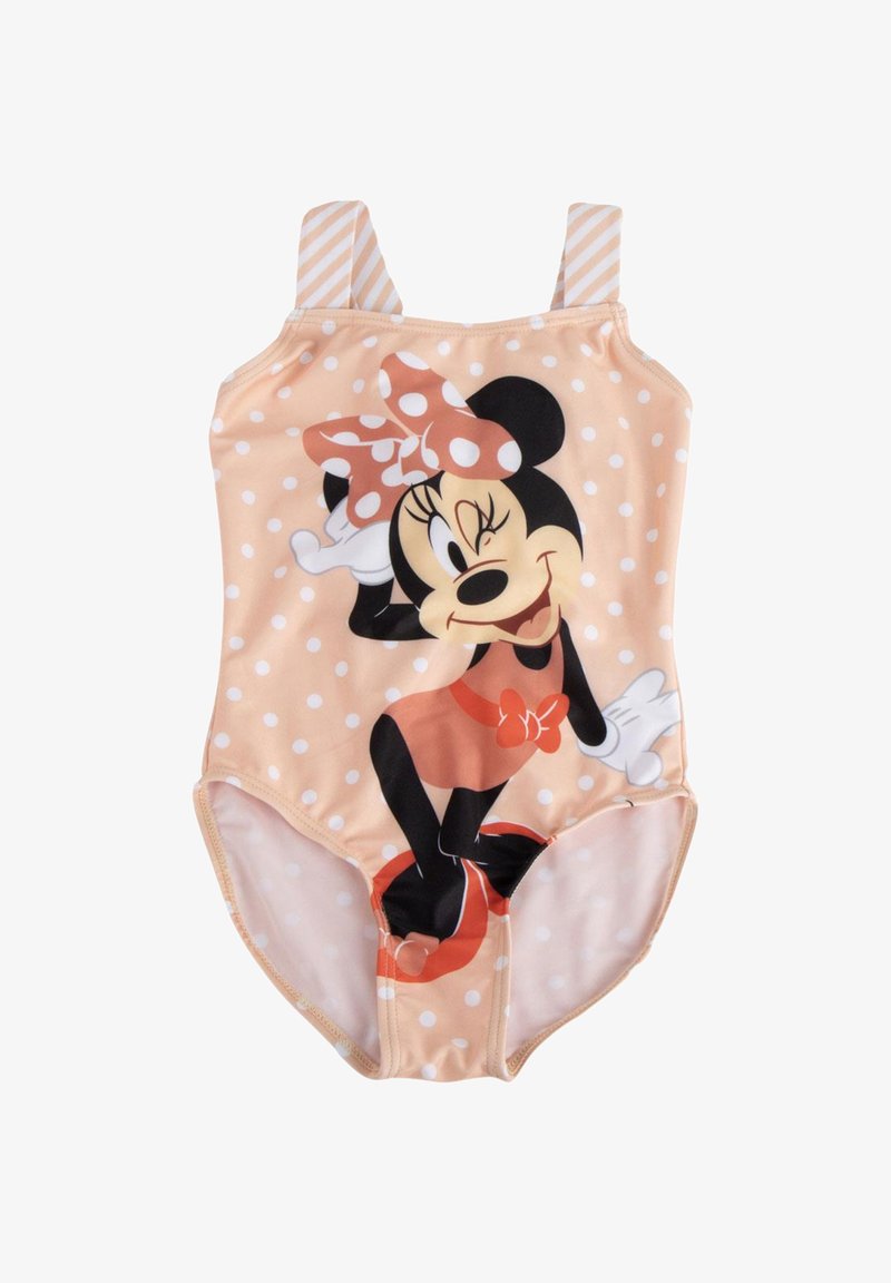 Maillot de bain pour tout-petit pêche à pois avec Minnie Mouse faisant un clin d'œil et portant un nœud sur le devant, arbore des bretelles à rayures.