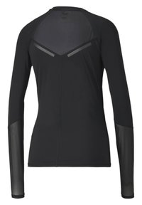 Maglia nera a maniche lunghe con design senza cuciture, pannello posteriore in rete e maniche opache a contrasto. Presenta una silhouette aderente.
