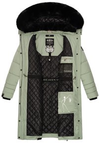 Padded parka coat in mint green with a black faux fur hood. Features a quilted black lining, multiple inner pockets, and logo accents.