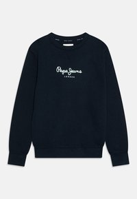 Námořnická modrá mikina vyrobená z bavlněné směsi, s kulatým výstřihem, žebrovanými manžetami a bílým logem "Pepe Jeans London" na hrudi.