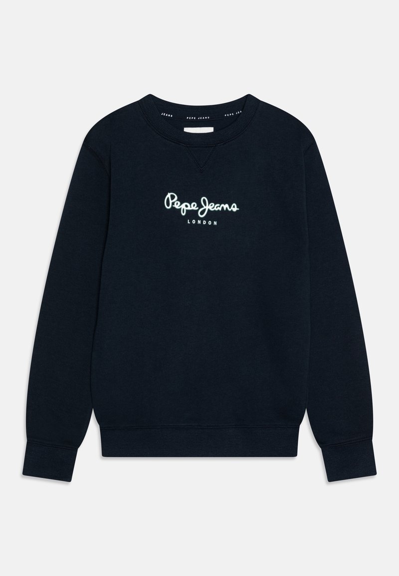 Námořnická modrá mikina vyrobená z bavlněné směsi, s kulatým výstřihem, žebrovanými manžetami a bílým logem "Pepe Jeans London" na hrudi.
