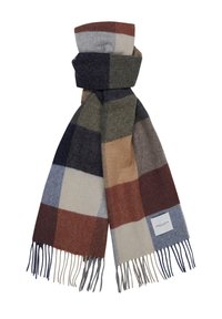 Écharpe en laine avec un motif à carreaux dans des nuances de gris, bleu, marron et crème, ornée de franges aux extrémités et d'une étiquette de marque.