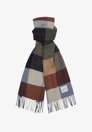 Écharpe en laine avec un motif à carreaux dans des nuances de gris, bleu, marron et crème, ornée de franges aux extrémités et d'une étiquette de marque.