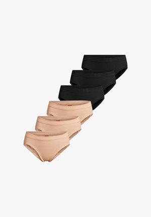 Sæt bestående af seks dameunderbukser, tre beige og tre sorte, arrangeret i vekslende farver på en hvid baggrund.