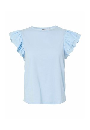 Lichtblauw topje met korte mouwen, een ronde halslijn en gerimpelde oogjeskantmouwen met golvende randen.