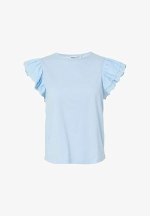 Lichtblauw topje met korte mouwen, een ronde halslijn en gerimpelde oogjeskantmouwen met golvende randen.