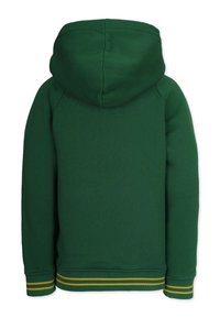 Grön hoodie med en mjuk textur, med en huva, ribbade ärmslut och en nederkant med gula och vita ränder. Bakvy.