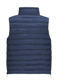 Marineblaue gesteppte Steppweste, ärmellos, mit horizontalem Steppmuster, hohem Kragen und verstellbarem Kordelzug am Saum. Glatte Textur.