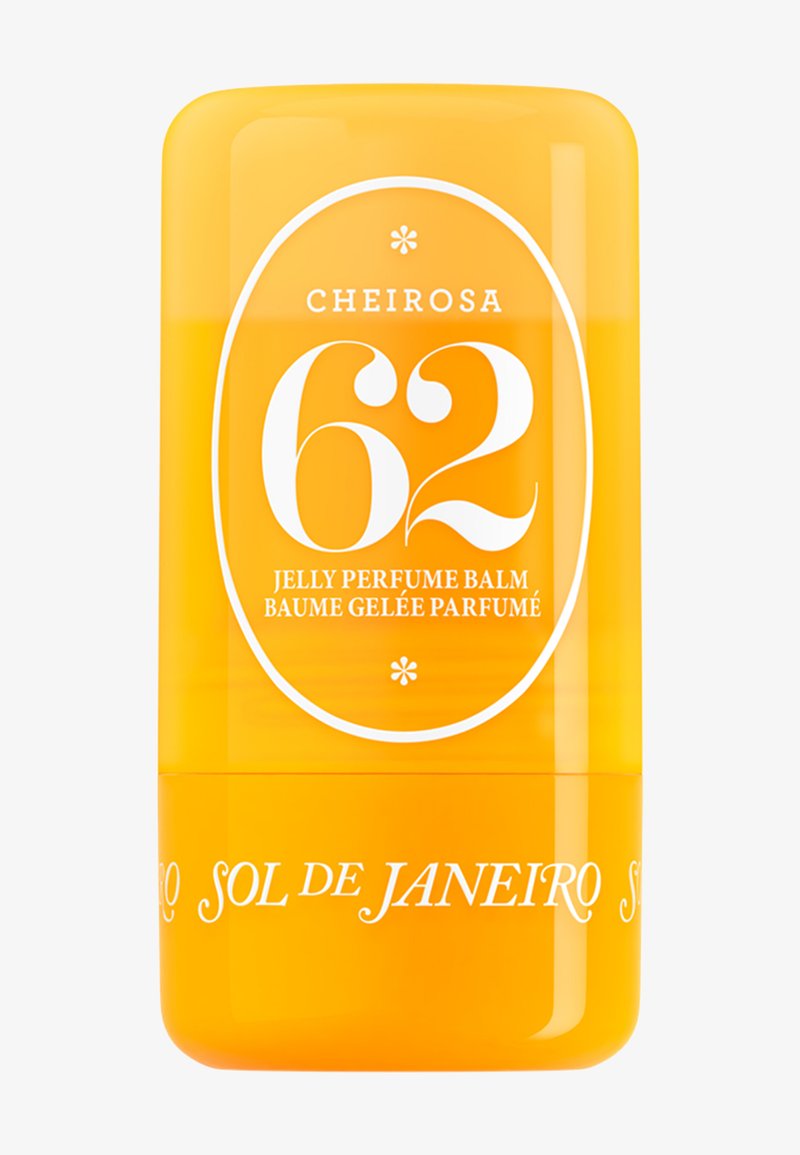 Gelber Stiftbehälter des Parfum-Balsams Sol de Janeiro Cheirosa 62 mit weißem Text und dekorativem ovalem Rahmen auf der Vorderseite.