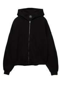 Felpa nera con zip, dotata di un ampio cappuccio, maniche oversize, polsini e orlo a coste, realizzata in un materiale morbido e testurizzato, caratterizzata da un design minimalista.