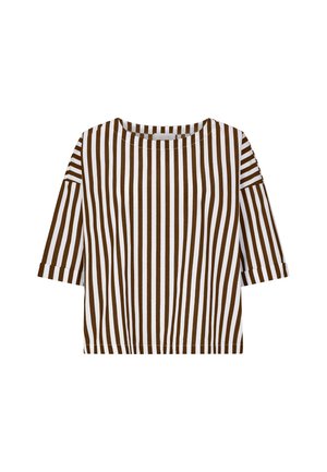 Blouse marron et blanche à rayures verticales, manches courtes, col rond et manches retroussées sur fond blanc.