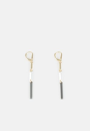 Pair of gold-tone lever-back earrings with small gold links, clear cylindrical beads, and black rectangular dangles on a white background.