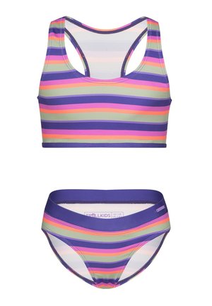 Children’s two-piece swimsuit with purple, pink, green, and orange horizontal stripes, featuring a racerback top and matching bikini bottoms.