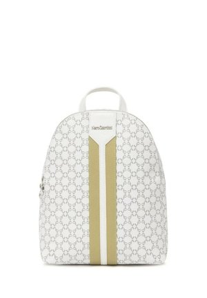 Witte rugzak met lichtgrijze geometrische patronen, centrale beige en witte verticale strepen, bovenhandvat en zijritssluiting.