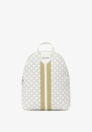 Witte rugzak met lichtgrijze geometrische patronen, centrale beige en witte verticale strepen, bovenhandvat en zijritssluiting.