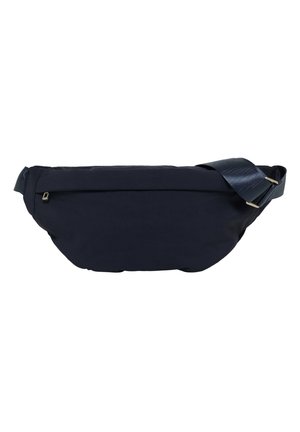 Sac banane bleu marine avec poche zippée avant et bandoulière réglable en tissu texturé.