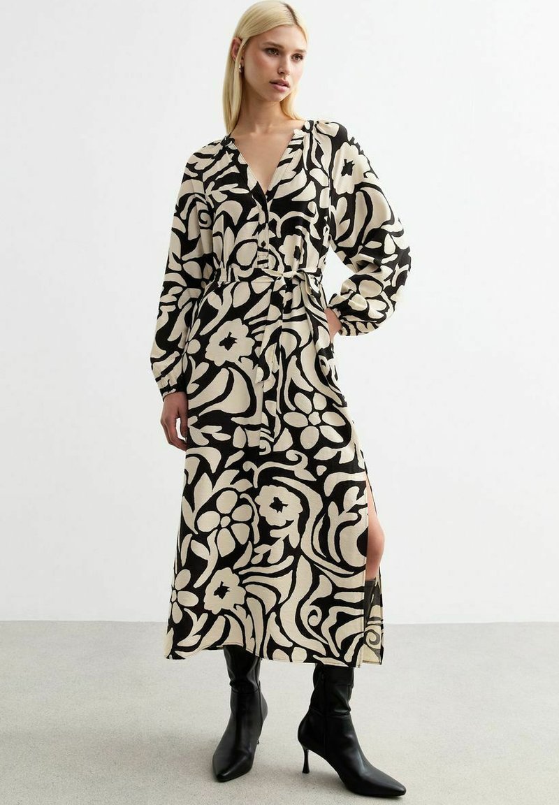 New Look - ABSTRACT FLORAL PRINT SLIT MIDI - Shirt dress - black pattern, Enlarge
