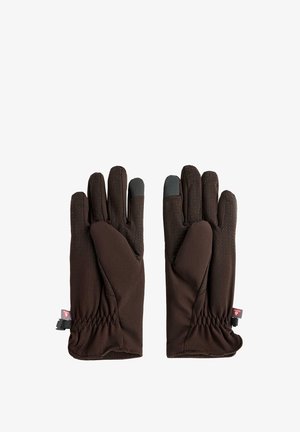 Braune Handschuhe aus weichem Stoff mit strukturiertem Griff auf den Fingern, ausgestattet mit elastischem Handgelenk und berührungsempfindlichen Fingerspitzen.