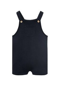 Námořnické modré bavlněné overalové šortky s nastavitelnými ramínky, přední kapsou a kulatými dřevěnými knoflíky na zapínání. Hladká textura, krátká délka.
