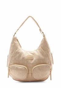 Borsa a spalla beige realizzata in materiale testurizzato, con logo, due tasche frontali con cerniere e una forma delicatamente curvata.