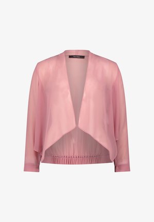 Roze doorschijnende kimono-jas met een zacht vallende voorkant, een elastische tailleband en driekwartmouwen. Lichtgewicht stof met een gladde textuur.