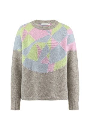 Gebreide trui met een geometrisch patroon in pastelroze, groen, blauw en grijs, voorzien van een ronde halslijn en lange mouwen.