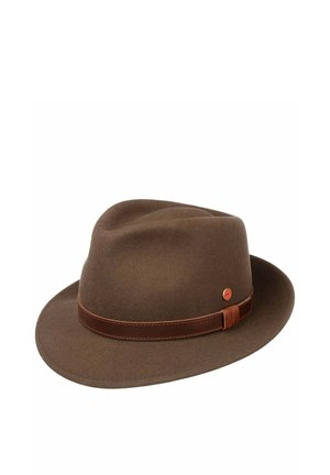 Brown fedora hat with a dark brown leather band and small round copper-colored emblem on the side.