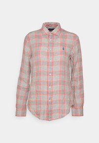 Rutigt skjorta i rosa, grått och vitt. Har långa ärmar, klassisk krage och en liten broderad logotyp på bröstet.