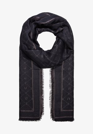 Écharpe noire avec motif subtil de losanges gris, comportant de petites formes de fer à cheval et des bords frangés.