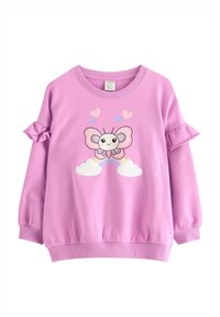 Felpa a maniche lunghe di colore viola chiaro con dettagli arricciati, caratterizzata da un design di farfalla in stile cartoon e decorazioni a forma di nuvola sul davanti.