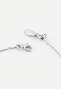 Silberkette mit einem Karabinerverschluss und einem polierten ovalen Anhänger, der eine glatte Textur und eine reflektierende Oberfläche aufweist. Die Kettenglieder sind fein und zart.