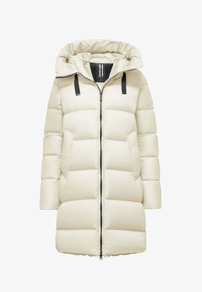 Long cream-colored padded winter coat with a hood, front zipper, and black drawstrings.