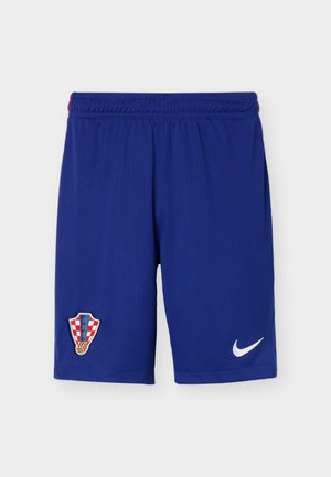 Shorts de sport bleus avec taille élastique, écusson de football croate sur la jambe gauche et logo Nike blanc sur la jambe droite.