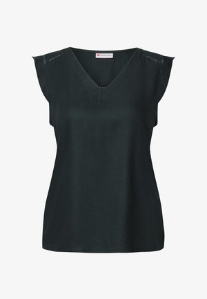 Sort ærmeløs top lavet af glat stof, med V-udskæring og dekorativ syning på skuldersømmene.