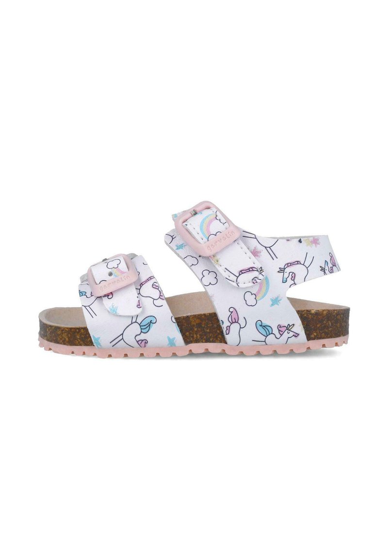 Sandalias blancas con patrones de unicornios, hebillas rosas, plantilla de corcho y suela de goma rosa. Dos correas ajustables para un mejor ajuste.