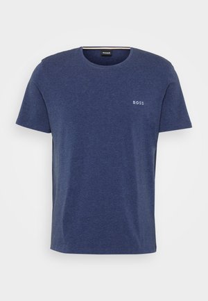 Short-sleeve, round-neck t-shirt in navy blue. Made of textured fabric with a small embroidered "BOSS" logo on the chest.