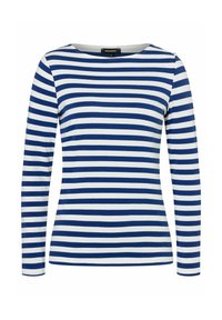 Blauwe en witte gestreepte top met lange mouwen en een brede halslijn. Gemaakt van zachte stof, met gelijkmatige strepen en een getailleerd silhouet.