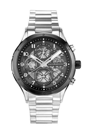 Orologio da polso analogico da uomo con quadrante nero, cinturino in acciaio inossidabile argento, funzioni di cronografo e audaci indici delle ore bianchi. Accenti in nero sulla lunetta.