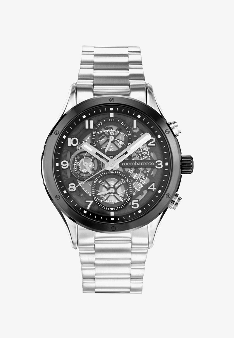 Orologio da polso analogico da uomo con quadrante nero, cinturino in acciaio inossidabile argento, funzioni di cronografo e audaci indici delle ore bianchi. Accenti in nero sulla lunetta.