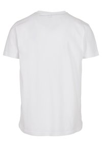 Biele tričko s krátkym rukávom vyrobené z bavlny. Okrúhly výstrih, priamy lem a voľný strih bez viditeľných vzorov alebo akcentov.