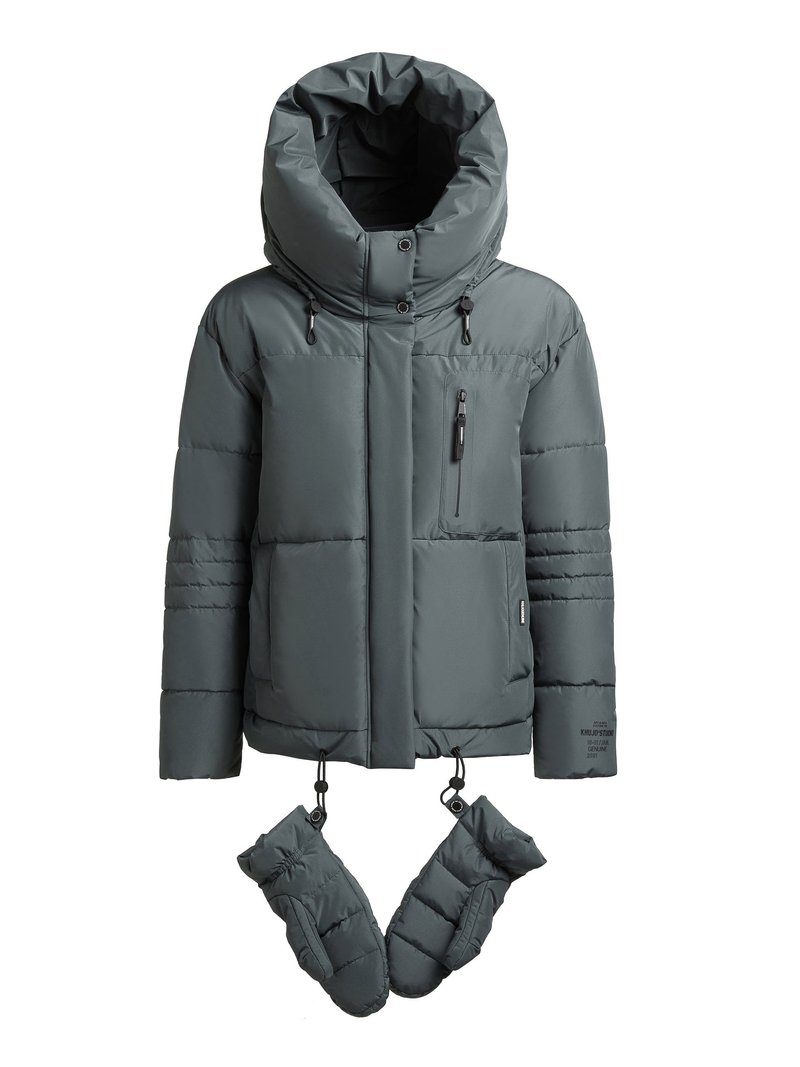 Gewatteerd winterjack in donkergrijs met een brede capuchon, borstzak met rits, zijzakken en afneembare wanten bevestigd met clips.
