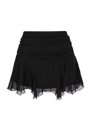 Zwarte chiffon rok met een geplooide taille, uitlopende zoom en doorschijnende details. Heeft een gelaagd ontwerp en een zachte, lichte textuur.