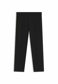 Zwarte broek van gladde stof, met een recht model, twee zijzakken en een tailleband met lussen voor een riem.