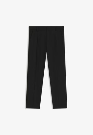 Pantaloni neri realizzati in un tessuto liscio, con una vestibilità dritta, due tasche laterali e una vita con passanti per la cintura.